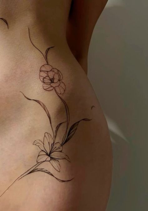 Medium Size Hip Tattoo, Ironic Tattoos Ideas, Flower Buds Tattoo, Hip Tattoos Women Big, Woman Hip Tattoo, Tattoo Hips Women, Whimsical Flower Tattoo, Full Body Tattoo Women, Back Tattoos Female