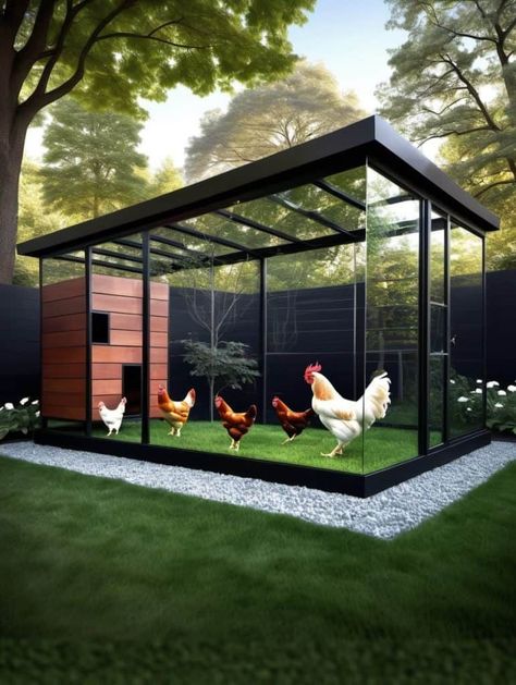 Create a modern masterpiece with a reflective glass pavilion chicken coop. Mirrored surfaces provide an illusion of spaciousness while allowing you to keep an eye on your chickens in a visually stunning setting. Glass Chicken Coop, Modern Chicken Coop, Tiny Zen Garden, Fairy Tale Cottage, Glass Pavilion, Chicken Tractor, Coop Design, Chicken Coop Designs, Backyard Chicken Coops