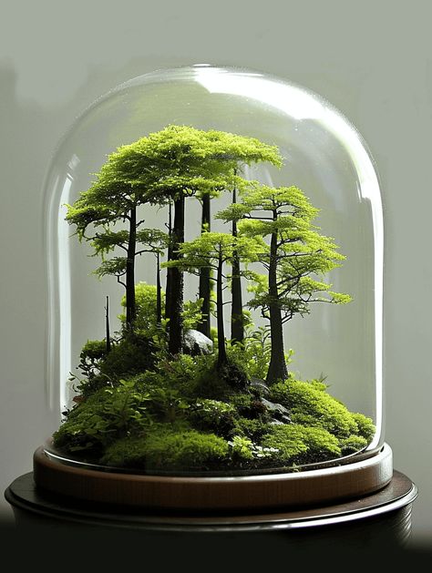 Moss Terrarium Ideas: Dome-Shaped Glass Terrarium Glass Dome Decor Ideas, Hobbit Terrarium, Moss Terrarium Ideas, Terrarium Ideas Unique, Glass Jar Terrarium, Succulent Plants Indoor, Tree Terrarium, Glass Jar Diy, Terrarium Accessories