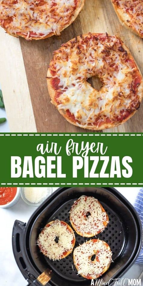 Ditch the frozen Bagel Pizza Bites, and make your own at home with this simple recipe for Homemade Bagel Pizzas that come together in less than 10 minutes! Made with a toasted bagel, pizza sauce, and cheese these Air Fryer Pizzas come together FAST for a crispy, toasted Bagel Pizza that makes a great snack or quick lunch. Bagel Pizzas, Bagel Pizza Recipe, Bagel Pizza, Toasted Bagel, Air Fryer Pizza, Quick Lunch Recipes, Bagel Bites, Pizza Bagels, Air Fryer Oven Recipes