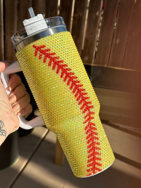 Softball Bow, Softball Crafts, Rhinestone Tumbler, 40 Oz Tumbler, Girls Softball, Softball Players, Softball Mom, Tumbler With Handle, Home Run