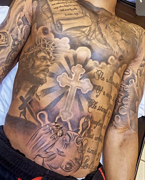 Half Stomach Tattoos, 904 Tattoo, Fredo Tattoo, Full Torso Tattoo Men, Bible Chest Tattoo Men, Red Stomach Tattoo, Lower Belly Tattoo Men, Full Chest And Stomach Tattoo Men, Biblical Chest Tattoos For Men