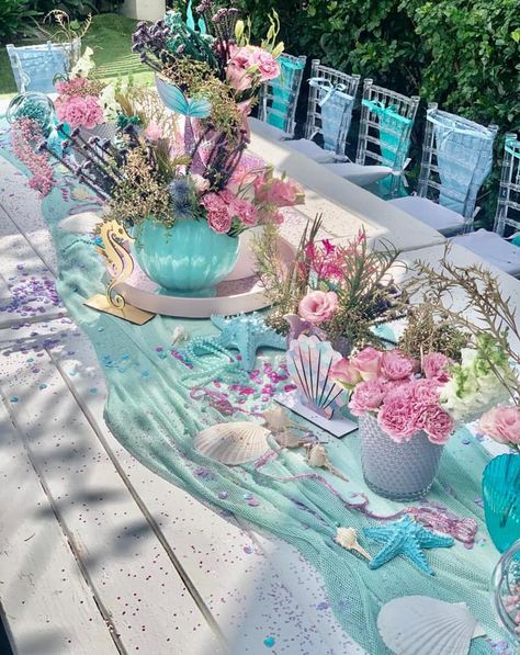 Sea Party Ideas Ocean Themes, Ocean Birthday Table Decorations, Beach Mermaid Party, Seashell Birthday Decorations, Beach Aesthetic Birthday Party, Mermaid Party Table Setting, 3rd Birthday Ocean Theme, Seashell Theme Birthday Party, Mermaid 30th Birthday Party