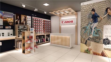 Canon Retail Outlet Design on Behance Interior Design Branding, Store Interiors, Retail Outlet, Architecture Interior Design, Autodesk 3ds Max, Retail Store, Design Branding, 3ds Max, Interior Architecture