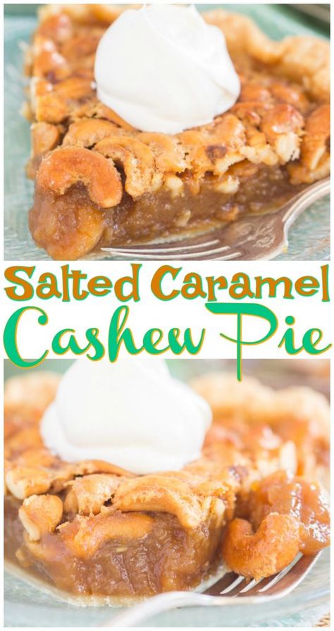 This Salted Caramel Cashew Pie features a thick layer of sweet, ooey-gooey caramel filling paired with toasty, buttery, salted cashews. #cashews #cashewpie #pie #thanksgiving #recipe #holidaypie #fallbaking #baking Cashew Pie Recipe, Cashew Pie, Winter Pies, Cashew Cookies, Caramel Cashew, Salted Cashews, Cashew Recipes, Caramel Pie, Heavenly Recipes