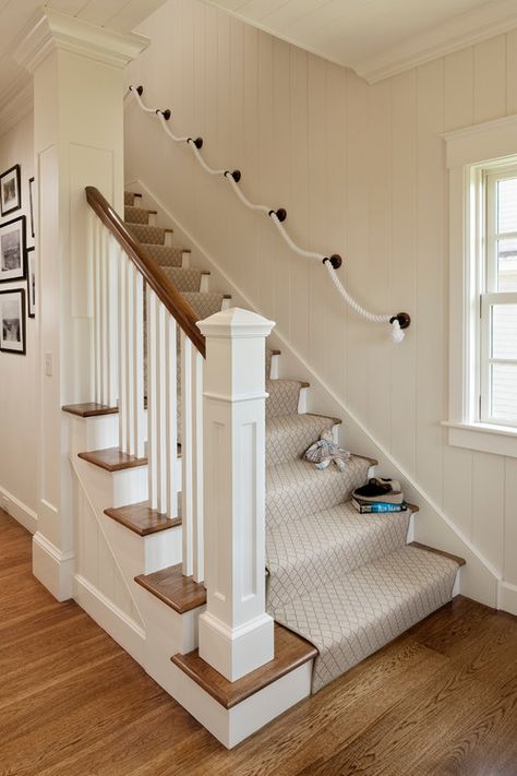 10 Coastal Style Staircases that Inspire - A Pop of Pretty Beach Cottage Style Decor, Beach Cottage Design, Carpet Staircase, Modern Stair Railing, Staircase Remodel, Stairway Design, Stair Case, Cottage Style Decor, Staircase Railings