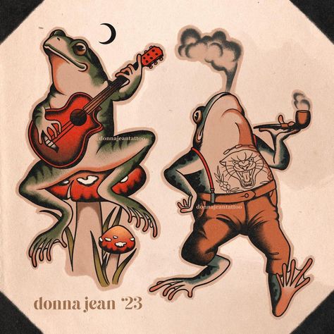 New flash ripe for the bookin’ 𓆏 Papa toad and guitar frog are repeatable in both color and b&g, available to tattoo ✁ #frogtattoo… | Instagram Loveland Frogman Tattoo, Frog Guitar Tattoo, Frog Toad Tattoo, Horned Toad Tattoo, Frog Playing Guitar Tattoo, Over The Garden Wall Frog Tattoo, Peace Frog Tattoo, Traditional Frog Tattoo Flash, Banjo Frog Tattoo