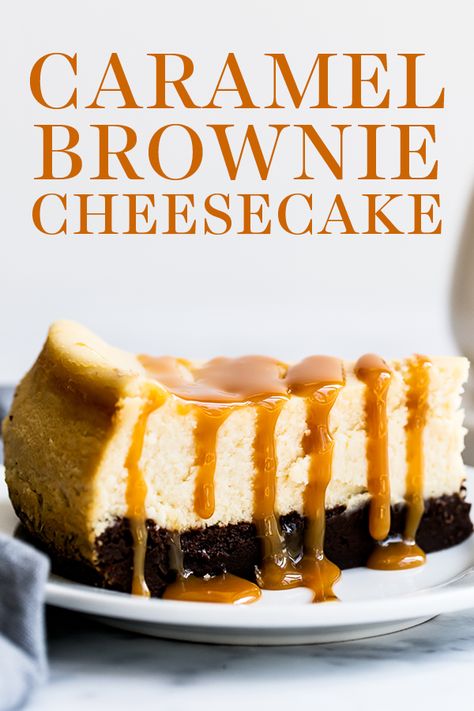 Caramel Brownie Cheesecake features a thick fudgy brownie bottom with a luscious layer of creamy vanilla cheesecake all topped with salted caramel sauce. Easy homemade, from-scratch recipe that is a great dessert idea for a crowd! #caramelcheesecake #cheesecakerecipe #browniecheesecake Carmel Brownie Cheesecake Recipe, Ms Recipes, Brownie Cheesecake, Cheesecake Brownie, Cheesecake Desserts Recipes, Vanilla Cheesecake, Caramel Cheesecake, Caramel Brownies, Cheesecake Brownies