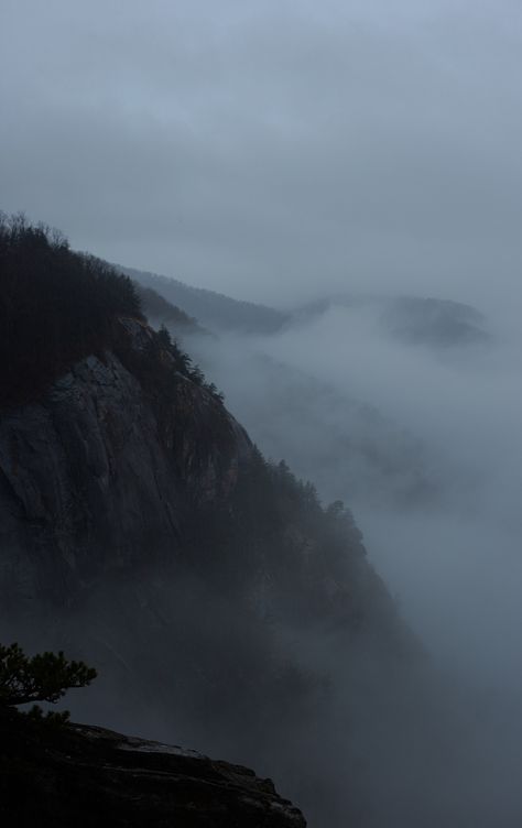 Misty mountains evoke a sense of mystique and grandeur, shrouded in layers of ethereal fog. Their peaks disappear into the clouds, creating an otherworldly atmosphere. The mist softens the edges of rugged cliffs and adds an air of mystery to the landscape, as if hiding ancient secrets within their valleys and crevices. Dark Peaceful Aesthetic, Misty Mountains Aesthetic, Dark Mountain Aesthetic, Evergreen Mountains, Mist Aesthetic, Mountain Rocks, Dark Mountains, Mountain Aesthetic, Dark Summer