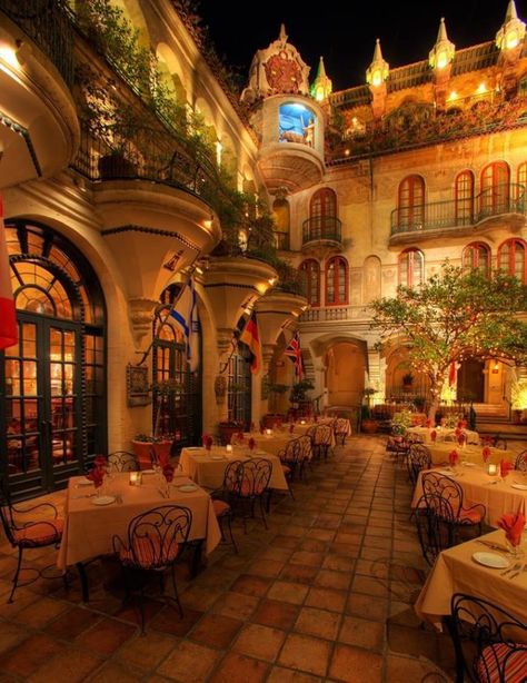 You'll find plenty of spots for onsite dining at this castle in SoCal. The Spanish Patio is a popular location with a warm and romantic vibe. Spanish Patio, Mission Inn Riverside, Riverside Hotel, Mission Inn, Spanish Restaurant, Inn Hotel, Hotel California, Beautiful Places To Travel, The Mission