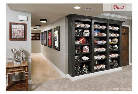 Sports Room Man Cave, Sports Memorabilia Room, Sports Man Cave, Memorabilia Display, Man Cave Room, Man Cave Basement, Man Cave Home Bar, Sports Room, Man Room