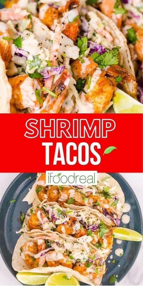 Make a weeknight meal or last minute entertaining a breeze with Easy Shrimp Tacos. Spicy, creamy and healthy this shrimp taco recipe is ready in only 15 minutes and can be made year round either on the grill or pan seared in skillet. Topped with an easy cilantro lime slaw, these tacos have great taste and texture. Best Shrimp Tacos, Slaw For Shrimp Tacos, Easy Shrimp Tacos, Shrimp Tacos Easy, Healthy Taco Recipes, Healthy Taco, Shrimp Taco, Dinner Seafood, Shrimp Taco Recipes