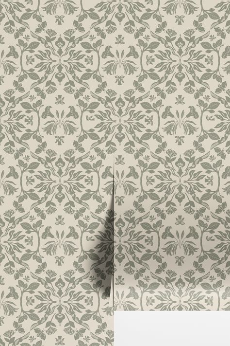 Secret Garden - Sage // by Papillon Patterns – Funky Paper Co Pantry Wallpaper, Wallpaper Powder Room, Affordable Wallpaper, Transitional Wallpaper, Green Laundry, Wallpaper For Wall, Wainscoting Panels, Symmetrical Design, Bathroom Wallpaper