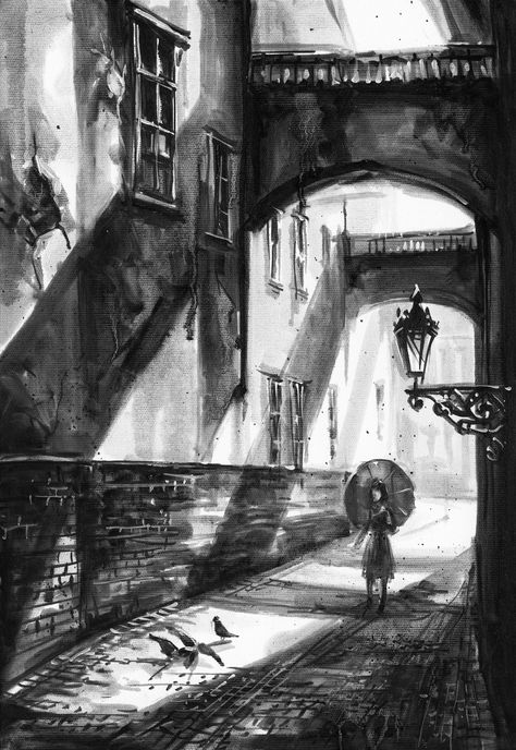 Sketches Of Streets, Black And White Scenery Drawing, Black And White Architecture Drawings, Historical Drawings Art, Old Street Drawing, Black And White City Drawing, Townscape Drawings, Modern City Architecture, Black And White City Painting