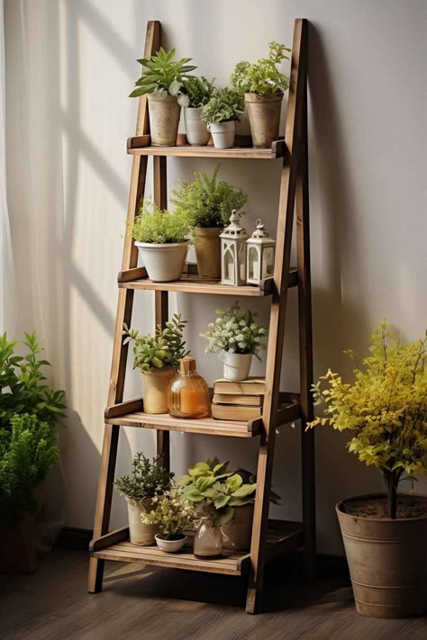 32 Farmhouse Bedroom Decor Ideas for Your Personal Oasis Plant Stands Living Room, Wooden Plant Shelf Indoor, Plants Stand, Wooden Crate Plant Stand, Plant Stand Ideas, Plant Stand Using Ladder, Wood Shelf, Farmhouse Ladder Shelf, Plant Stands