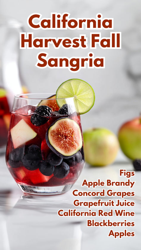 California Harvest Fall Sangria Fig Cocktails, Fall Sangria Recipes, Red Wine Cocktails, Cocktail Cards, Concord Grapes, Brandy Cocktails, Mix Drinks, Apple Brandy, Wig Ideas