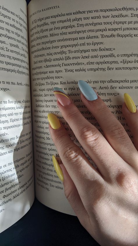 Gel nails Light Blue Yellow Nails, Blue Nails With Yellow Accent, Yellow Nails With Accent Nail, Nail Blue And Yellow, Blue And Yellow Short Nails, Blue And Yellow Pastel Nails, Blue Green And Yellow Nails, Blue And Yellow Nails Designs Summer, Pink Blue Yellow Nails