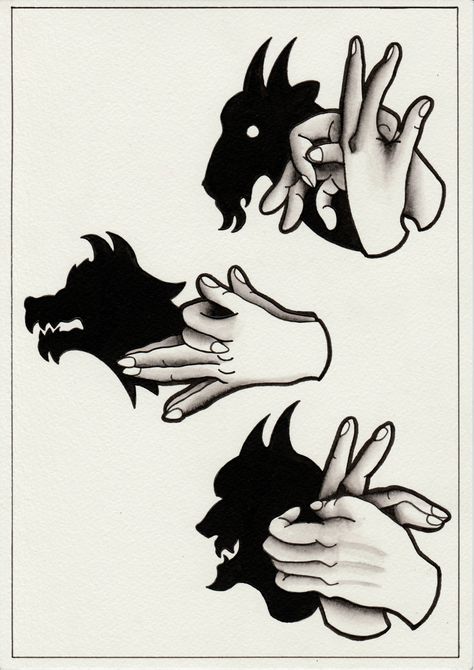 Cool Shadow Puppets, How To Make Shadow Puppets, Hand Shadow Tattoo, Shadow Puppet Tattoo, Puppet Hands, Shadow Puppets With Hands, Watercolor Tattoo Ideas, Shadow Tattoo, Hand Tricks