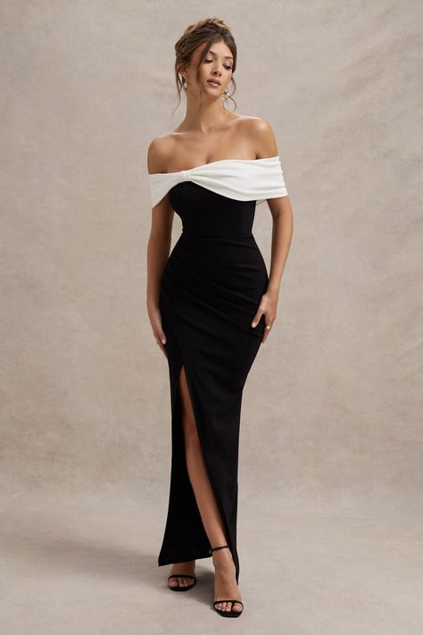 Black Tie Wedding Guest Dress, Classy Heels, 33rd Birthday, Bardot Neckline, Black Dress Prom, Elegant Outfits, Black Tie Gala, Corset Bodice, Black And White Fabric