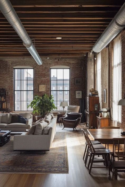 "Create a bold and stylish home with a Modern Industrial Loft! 🏙️🛠️ Exposed brick, metal accents, and sleek furnishings make this space both functional and trendy. 🌟✨ #UrbanDecor #IndustrialLoft #HomeInspiration" New York Loft Apartment Industrial Exposed Brick, New York Loft Apartment Industrial, Brick Apartment Aesthetic, Loft Apartment Exterior, Brick Loft Apartment, Loft Apartment Modern, Exposed Brick Loft, Exposed Brick Apartment, Loft Apartment Living Room