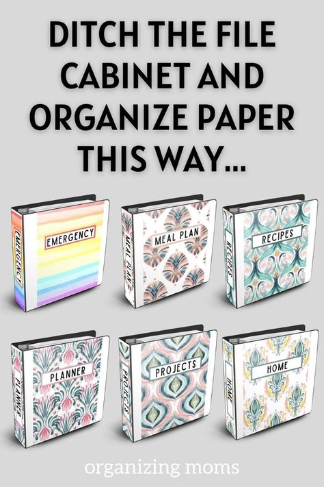 Image of printable binder covers on binders. Text says Ditch the File Cabinet and Organize Paper This Way... Brochure Organization Storage, Paperwork Organization Filing System, Organizing Papers At Home, Document Organization Ideas, Personal File Organization, Important Documents Storage, Home Filing System Categories Free Printable, Organizing Bills And Paperwork, Home File Organization Categories