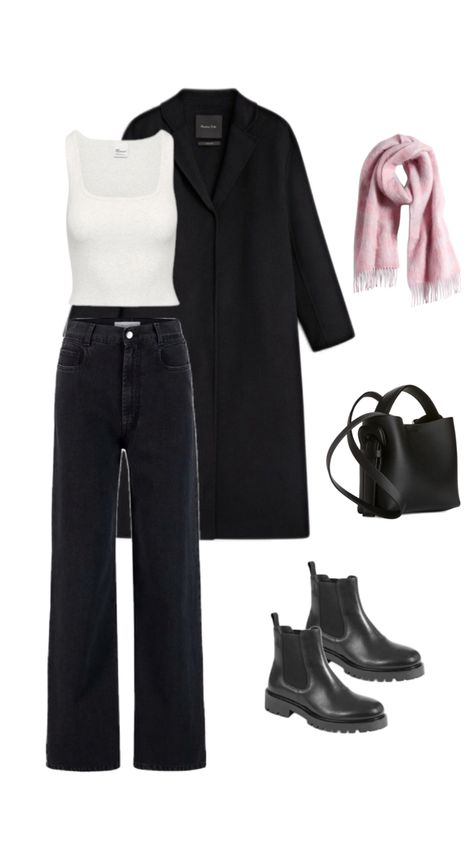 Washed black jeans, dark jeans, long black coat, chelsea boots, scarf Chelsea Black Boots Outfit, Black Chelsea Boots Outfit, Chelsea Boot Outfit, Washed Black Jeans, Chelsea Boots Outfit, Outfit Classic, Black Boots Outfit, Classy Fits, Long Black Coat