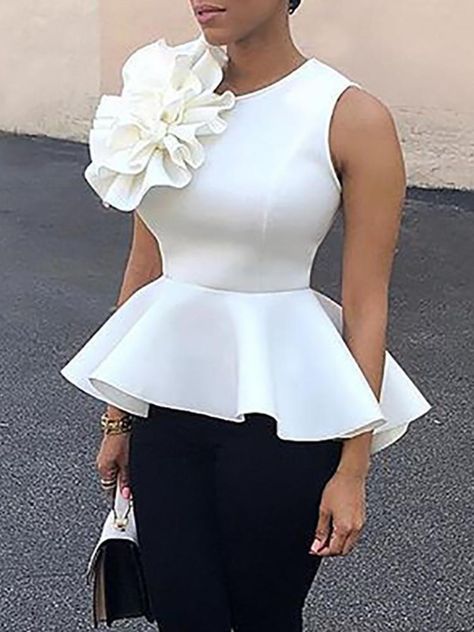 Pepulam Tops, Peplum Tops For Women, Ankara Peplum Tops, White Peplum Top, Floral Blouses, Peplum Tops, Flounce Top, Classy Dress Outfits, African Print Fashion Dresses