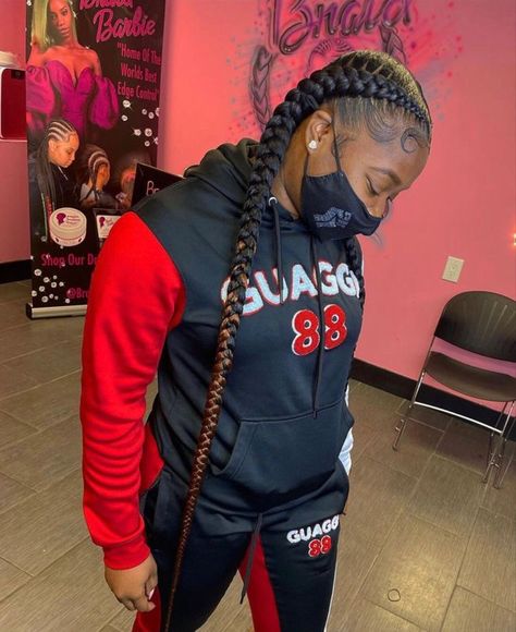 2 Straight Back Feed In Braids, 2 Braids Going Back, Two Braids With Color, 2 Feed In Braids With Curly Ends, 2 Thick Feed In Braids, 2 French Braids With Weave Black Women, Two Straight Back Braids, Two Braids To The Back, 2 Long Feed In Braids