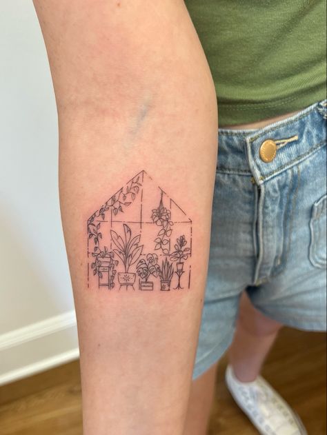 Tiny Garden Tattoo, Plant Book Tattoo, Garden Design Tattoo, Potted Plants Tattoo, Interior Design Tattoo Ideas, Large Fine Line Tattoo Ideas, Garden Inspired Tattoos, Secret Gardens In My Mind Tattoo, Farmers Market Tattoo