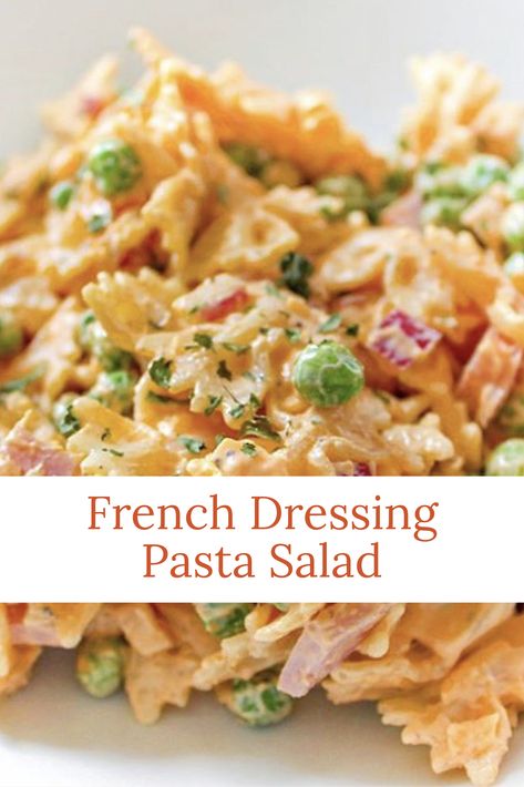 Pasta salad recipes are so important in Summer. The perfect BBQ snack or pool party snack, this pasta salad recipe is made with French dressing and has no mayo. A no mayo pasta salad!! Packed with peas, red onion, ham, a Cheddar cheese, this is a loaded pasta salad you'll want to make for your next party. French Dressing Salad Recipes, Pepperidge Farm Recipes, Macaroni Salad With French Dressing, Hug Hess Pasta Salad, Barbecue Pasta Salad, Loaded Pasta Salad Recipe, French Pasta Dishes, Potluck Cold Salads, Pasta Salad Recipes For Bbq