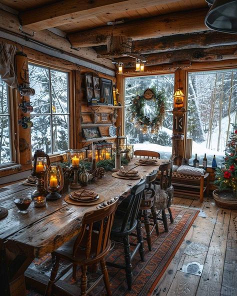 French Country Cabin, Cozy Cabin Interior, Log Cabin Interior, Cabin Aesthetic, Front Porch Christmas Decor Ideas, Porch Christmas Decor Ideas, Porch Christmas Decor, Front Porch Christmas, Christmas Decor Ideas Diy