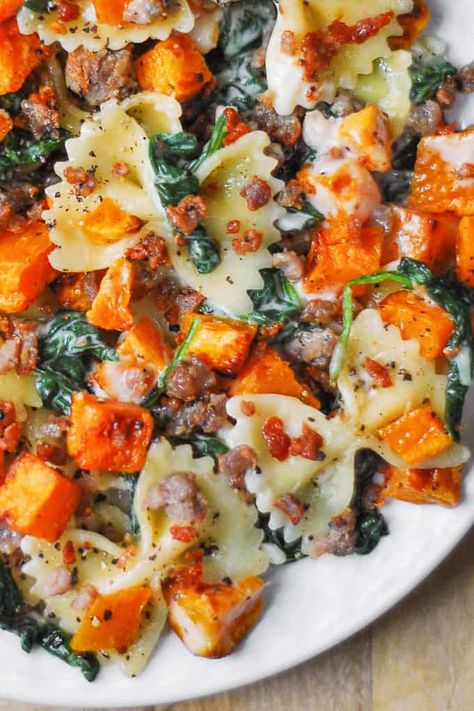 Creamy Butternut Squash Pasta with Sausage and Spinach Butternut Squash Pasta With Sausage, Pasta With Sausage And Spinach, Creamy Butternut Squash Pasta, Butternut Squash Recipes Pasta, Squash Pasta Recipe, Sausage And Spinach, Creamy Butternut Squash, Pasta With Sausage, Butternut Squash Pasta