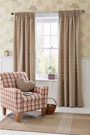 Buy Natural Homely Check Pencil Pleat Curtains from the Next UK online shop Curtain And Blind Ideas, Tweed Curtains, Farmhouse Living Room Curtains, Curtains Dunelm, French Curtains, Living Rooms Design, Cheap Curtains, Burlap Curtains, Rooms Design