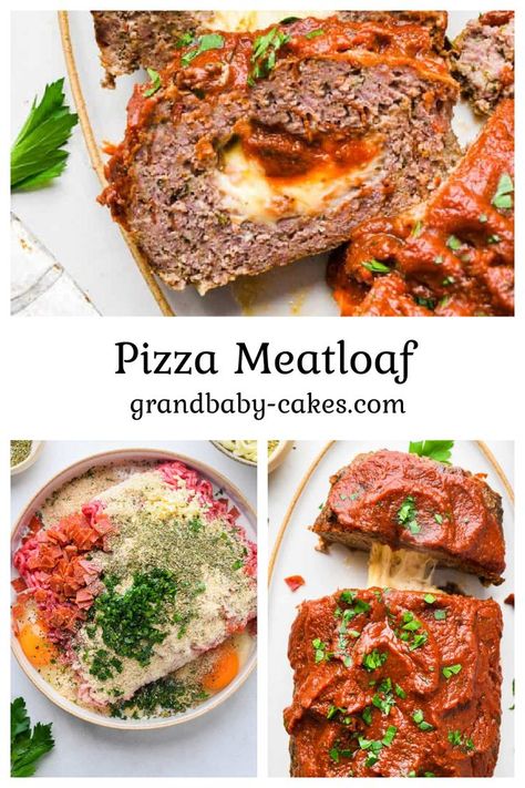 This Pizza Meatloaf is a hearty, flavorful meatloaf base is loaded with melted cheese, then smothered in rich tomato sauce to make this drop dead delicious dinner! This easy comfort food recipe your family will keep coming back to! Meatloaf Pizza Recipe, Non Traditional Meatloaf Recipes, Pepperoni Meatloaf, Unique Meatloaf, Stuffed Meatloaf Recipes, Pizza Loaf Recipe, Unique Meatloaf Recipes, Pizza Meatloaf Recipe, Flavorful Meatloaf