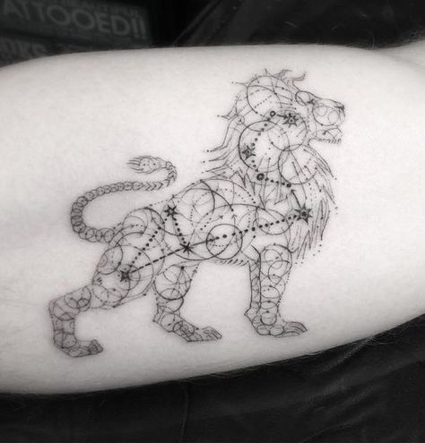 Leo tattoo Lion Constellation Tattoo, Pisces Leo Tattoo, Lion Star Sign Tattoo, Geometric Leo Tattoo, Leo Constellation Tattoo Stars, Leo Horoscope Tattoo, Leo Sign Tattoo Ideas, Lion Zodiac Tattoo, Leo Star Sign Tattoo