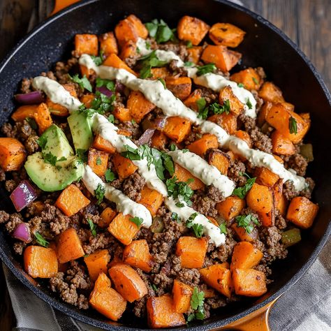 Quick and delicious Ground Beef and Sweet Potatoes Skillet, perfect for a healthy dinner. Ready in 30 minutes! Sweet Potato Recipes Ground Beef, Hamburger Sweet Potato Skillet, Ground Beef With Sweet Potatoes, Steak And Sweet Potato Dinners, Mediterranean Ground Beef Recipes, Ground Beef And Sweet Potato Recipes, Ground Beef Sweet Potato Recipes, Ground Beef Sweet Potato Skillet, High Protein Ground Beef Recipes