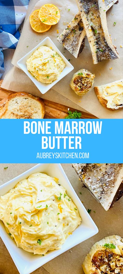 Bone marrow butter in a dish next to roasted bone marrow bones and roasted garlic. Essen, Bone Marrow Butter Lost Kitchen, Smoked Bone Marrow, Bone Marrow Burger Recipe, Bone Marrow Compound Butter, Smoked Bone Marrow Recipe, Bone Marrow Butter Recipe, Whipped Bone Marrow, Marrow Bones Recipe