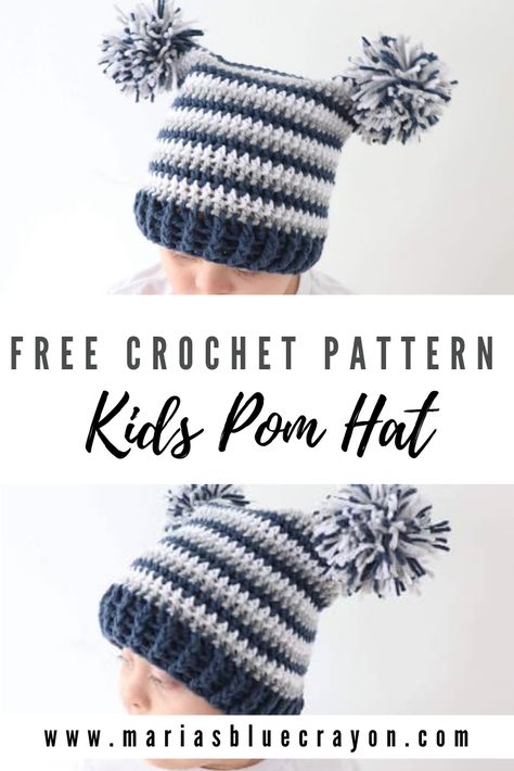 Bulky Yarn Hat Patterns Crochet, Crochet Pompom Hat, Crochet Hats With Chunky Yarn, Infant Hats Crochet, Sack Hat Crochet Pattern, Kid Crochet Hat, Crochet Toddler Hats Free Pattern, Crocheted Hats For Kids, Crochet Character Hats Free Pattern Kids