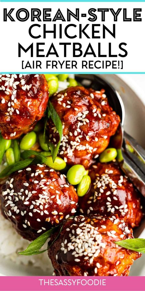 These Korean-inspired glazed chicken meatballs are the perfect weeknight meal solution, packed with a delicious balance of sweet, savory and spice. These juicy, homemade chicken meatballs come together in the air fryer in under 30 minutes, and are sauced up in a gochujang, brown sugar glaze. Whether you are serving these as minis for an appetizer, or full-size in a bowl, they are highly delicious! Asian Chicken Meatballs, Chicken Meatballs Healthy, Asian Turkey Meatballs, Spicy Asian Chicken, Korean Bbq Chicken, Meatballs And Rice, Glazed Meatballs, Chicken Meatball Recipes, Chicken Balls