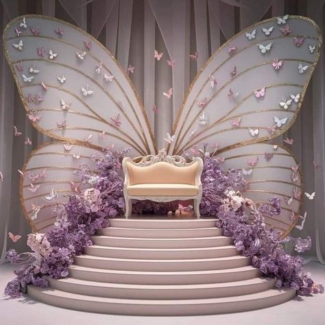 Birthday Stage Design, Butterfly Theme Decor, Event Background Design, Stage Design Ideas Creative, Butterfly Wedding Decor, Stage Background Decoration, Stage Backdrop Design, Butterfly Wedding Decorations, Butterfly Wedding Theme