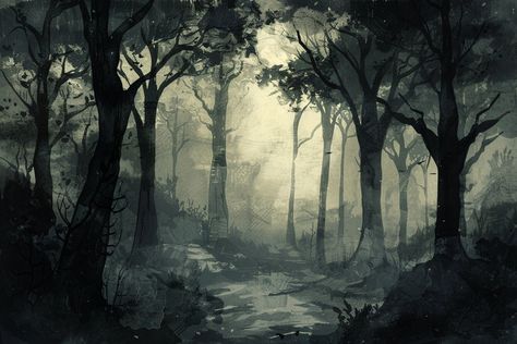 Introducing our 'Misty Forest Decoupage Paper,' perfect for adding a touch of mysterious elegance to your crafting projects. This high-quality decoupage paper features a beautifully detailed, hauntingly beautiful forest design, with dark, shadowy trees and a misty, ethereal background. The design is rendered in a monochromatic palette with shades of black, gray, and muted green, capturing the timeless allure of an enchanted woodland. Decoupage, the art of layering images onto surfaces, is elevat Misty Forest Background, Haunted Forest Painting, Haunted Forest Art, Dark Background Images, Pixel Forest, Ethereal Background, Printed Furniture, Trees Background, Background Forest