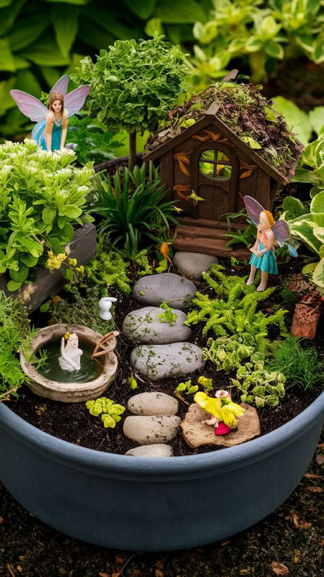 "Step into a whimsical wonderland with our enchanting indoor fairy tale garden ideas! 🌸🧚‍♂️ #GardenMagic #FairyTaleGarden" Fairy Garden Bucket, Porch Fairy Garden, Fairy Dish Garden Ideas, Cute Fairy Garden Ideas, Fairy Garden How To, Fairy Garden Plant Pot, Fairy Garden Jar, Fairy Gardens Outdoor, Indoor Fairy Gardens Diy