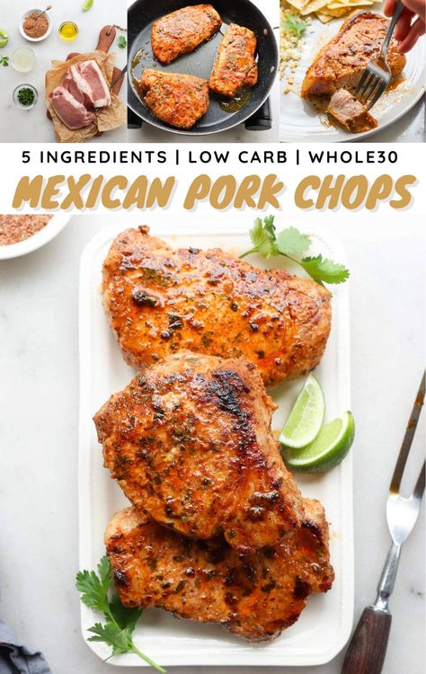 These Mexican Pork Chops are juicy, tender, and so easy to make with just 5 simple ingredients! Inspired by the authentic flavors of Mexico, these are a simple and delicious version to create at home! Carnitas With Pork Chops, Sazon Pork Chops, Chipotle Pork Chops, Mexican Pork Chops Crock Pot, Taco Pork Chops, Pork Chop Tacos Mexican, Boneless Pork Chop Recipes Mexican, Mexican Pork Chops And Rice, Jalapeno Pork Chops