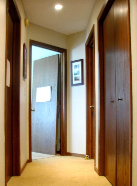 Wood Trim With Painted Doors, Oak Trim With White Doors, Painted Door With Stained Wood Trim, White Door Wood Trim, Wood Trim And Doors, Wood Door White Trim, Stained Doors With White Trim, Wood Doors With White Trim, White Floor Trim Wood Door Trim