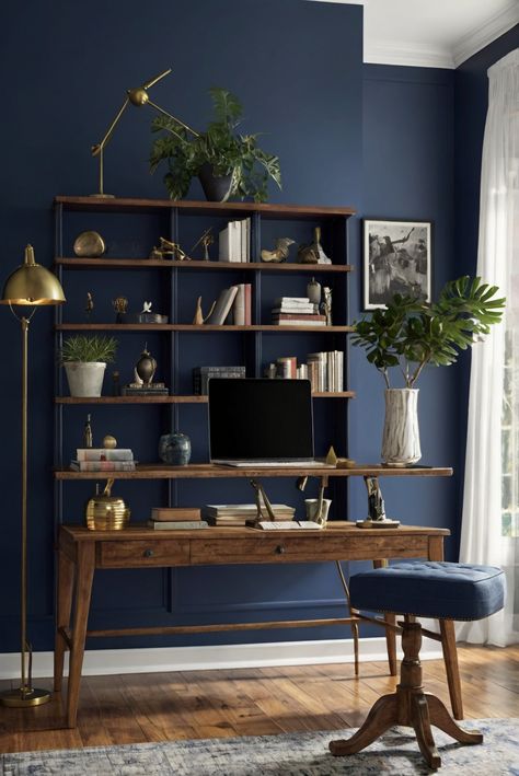 interior decorating, wall paint colors, home paint ideas, room design ideas Color Palette For Office Space, Blue Wall Office Ideas, Dark Blue Office Walls, Blue Office Walls, Navy Blue Office Ideas, Office Design Blue, Blue Office Design, Navy Home Office, Celestial Library