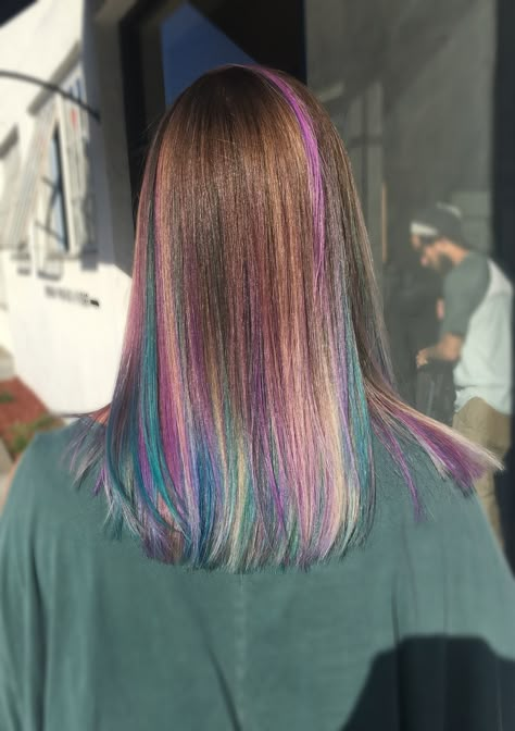 Fun Balayage Hair Colour, Pink And Blue Hair Highlights, Partly Dyed Hair, Colorful Balayage, Teal Hair Highlights, Balayage Medium, Purple Blonde Hair, Short Purple Hair, Blue Purple Hair