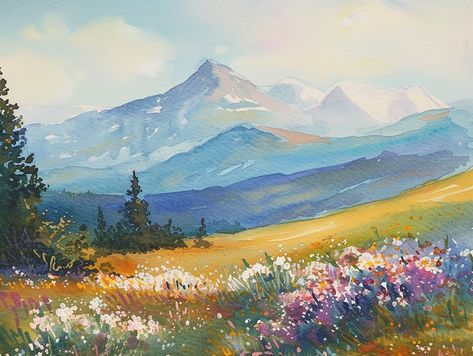 👀 Spring Flowers Painting Rocky Mountains Watercolor Art Print Colorado Landscape Wall Art Pine Print  - multiple sizes to choose from 👀 Dive into the enchanting beauty of the "Spring Flowers Painting" - a captivating watercolor art print that skillfully captures the essence of the Rocky Mountains in Colorado. This artwork adds a touch of natural elegance to your wall decor, bringing the vibrant spirit of spring into your living spaces. 🌈 **Title "Spring Flowers Painting" 🌈 **Print Reproduct Watercolor Paintings Nature Landscapes, Colorado Watercolor Painting, Mountains And Flowers Painting, Colorado Mountain Painting, Colorado Mountains Painting, Spring Watercolor Ideas, Landscape Paintings Horizontal, Simple Mountain Painting, Spring Watercolor Painting