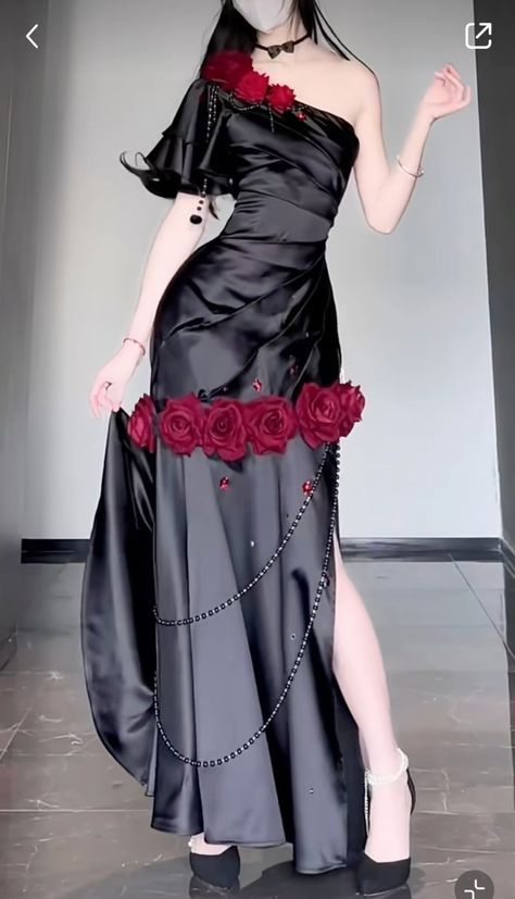 Idea For Dress Design, Chinese Dress Aesthetic, Hollywood Aesthetic Outfits, Dress Ideas Aesthetic, Dress Art Reference, Rose Inspired Outfits, Red Carpet Dresses Ideas, Cute Dress Designs, Asymmetrical Dress Formal