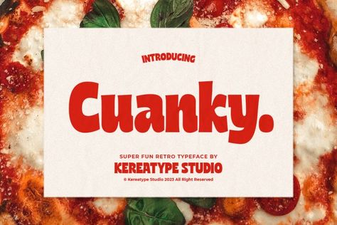 Cuanky is a super fun, retro-style sans serif font with subtle serifs. It possesses a recognizable flair and evokes a sense of warm nostalgia. Available in both regular and italic styles, Cuanky also features a playful hint of the future. Cuanky is perfect for headlines or food-related designs, such as pizza, burgers, and restaurant themes. […] Get your free download of the Cuanky Font now at FreeFontDL - Free Font Download! Food Typography Design, Restaurant Font, Food Font, Food Typography, Logos Vintage, Logos Retro, Font Creator, Restaurant Themes, Pixel Font