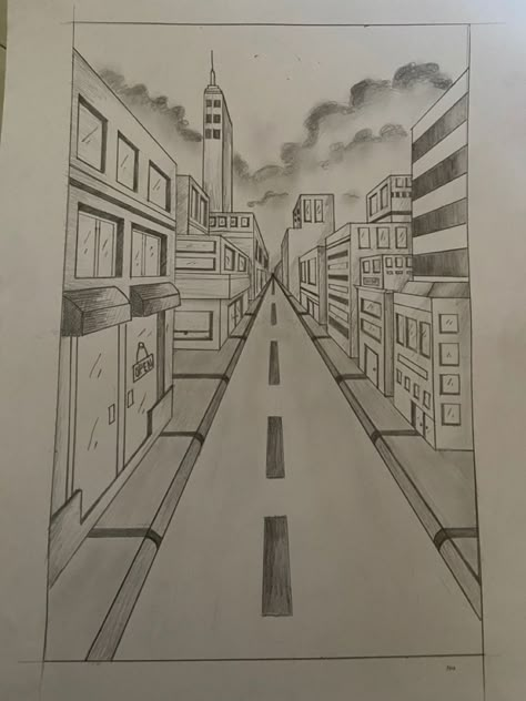 City Point Perspective, One Point City Perspective Drawing, 1 Point Perspective Sketch, One Point Perspective Building Drawing, Perspective Drawing 1 Point, 1 Point Perspective Drawing Architecture, Point Perspective Drawing, City One Point Perspective, One Point Perspective Drawing Landscapes